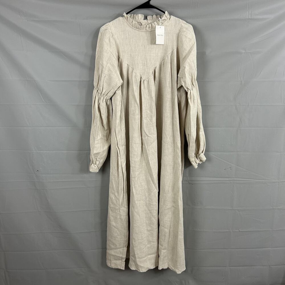 Monbebe Dress One Size Linen Maxi Beige Ruffle Neck Balloon Peasant Cottagecore